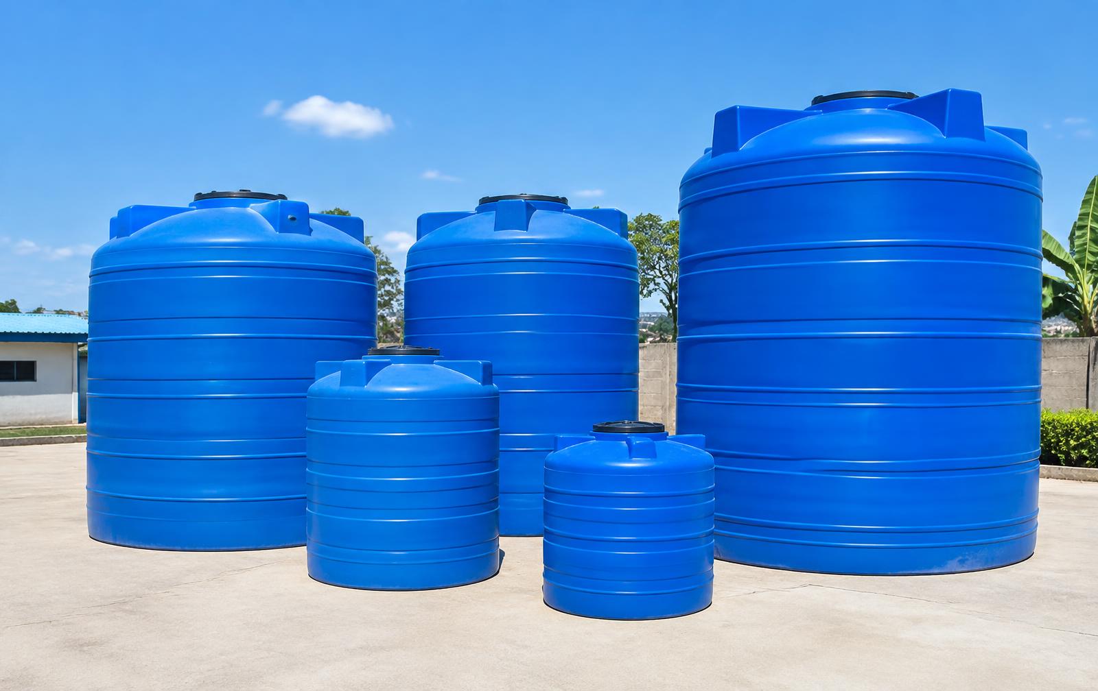 Blue water storage tanks of various capacities